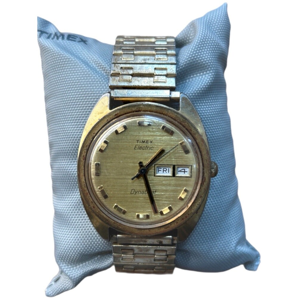 Vintage Timex Electric Dynabeat Day Date Gold Tone Watch Stretch Band Untested